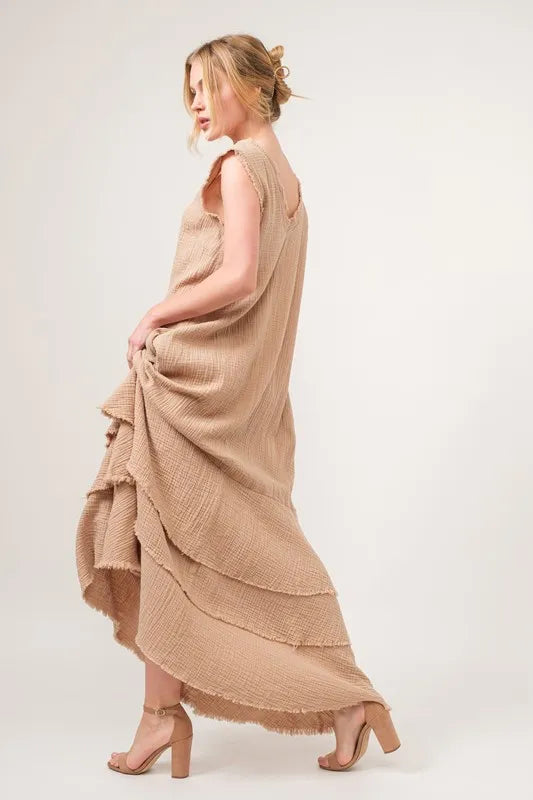 And The Why Washed Cotton Gauze Fringe Detail Tiered Dress 1