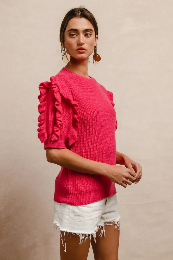 Fuchsia Bibi Ruffle Sleeve Ribbed Sweater