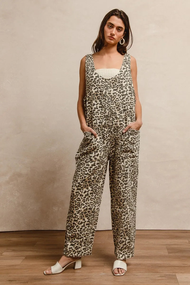 Leopard Bibi Leopard Print Adjustable Strap U Neck Jumpsuit