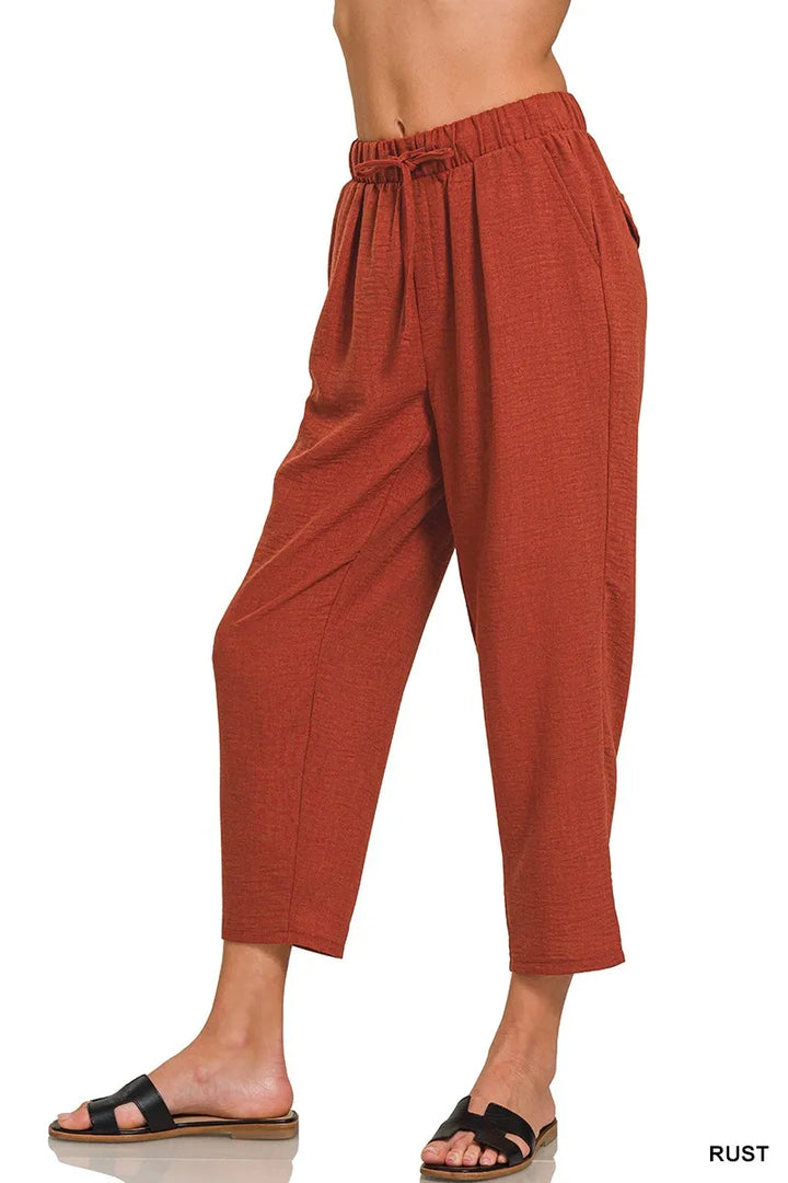 Rust Zenana Woven Crepe Elastic Band Waist Pants 1