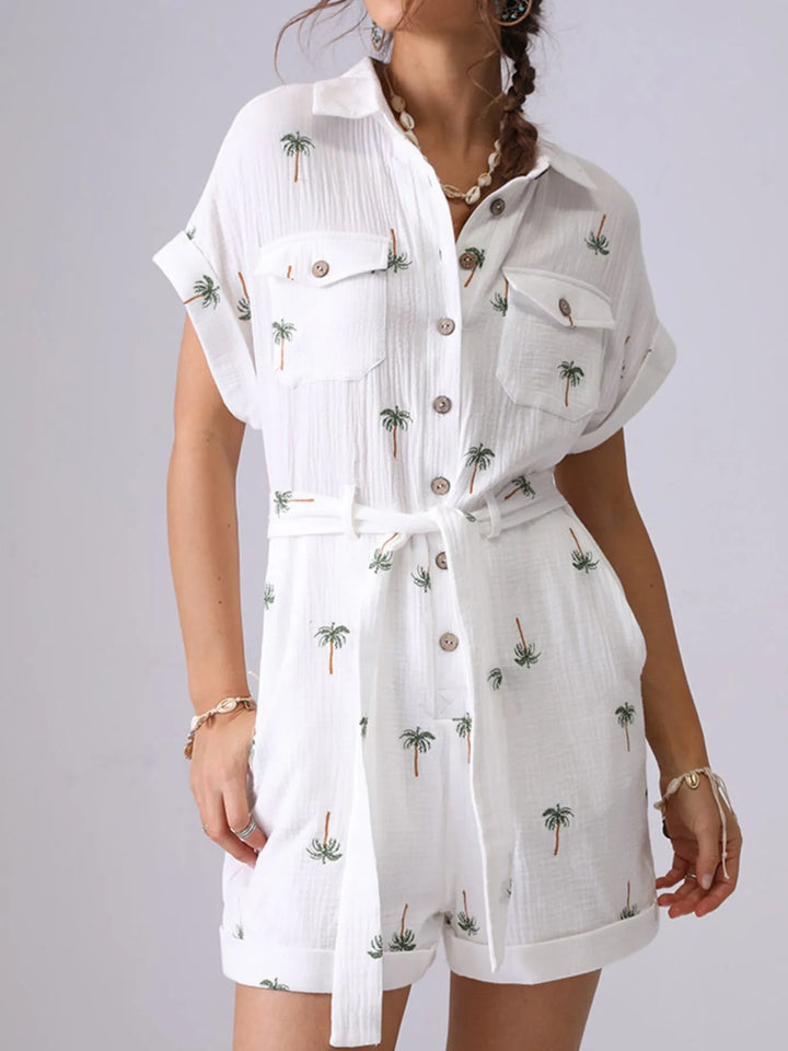 Palm Tree Print Short Sleeve Button Up Romper With Belt