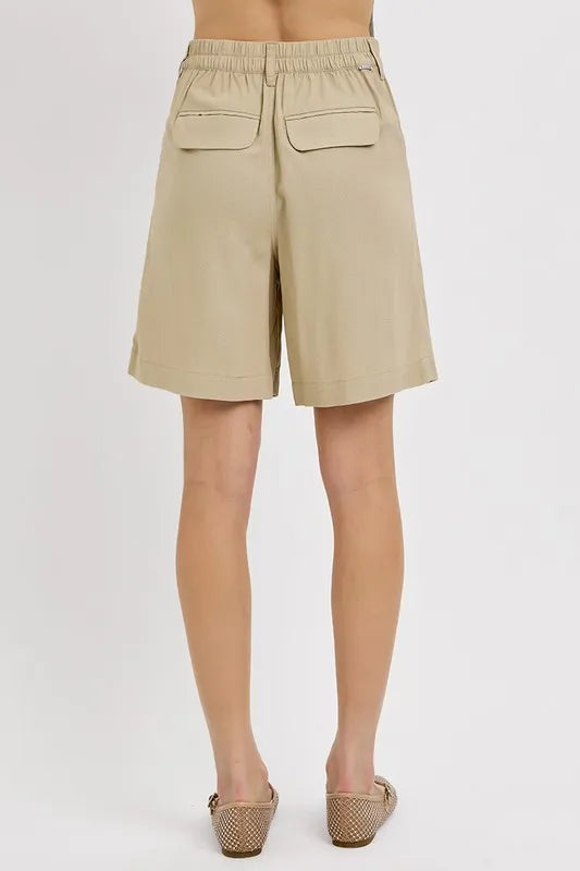 Tan Risen High Rise Pleated Front Shorts
