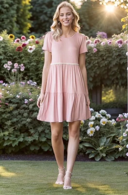 Dusty Rose Heimish Full Size Solid Mini Tiered Dress With Pompom Lace Plus Size