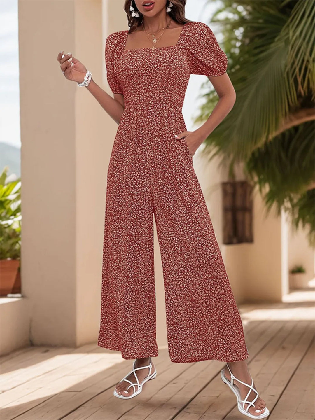 Tan Printed Square Neck Puff Sleeve Jumpsuit
