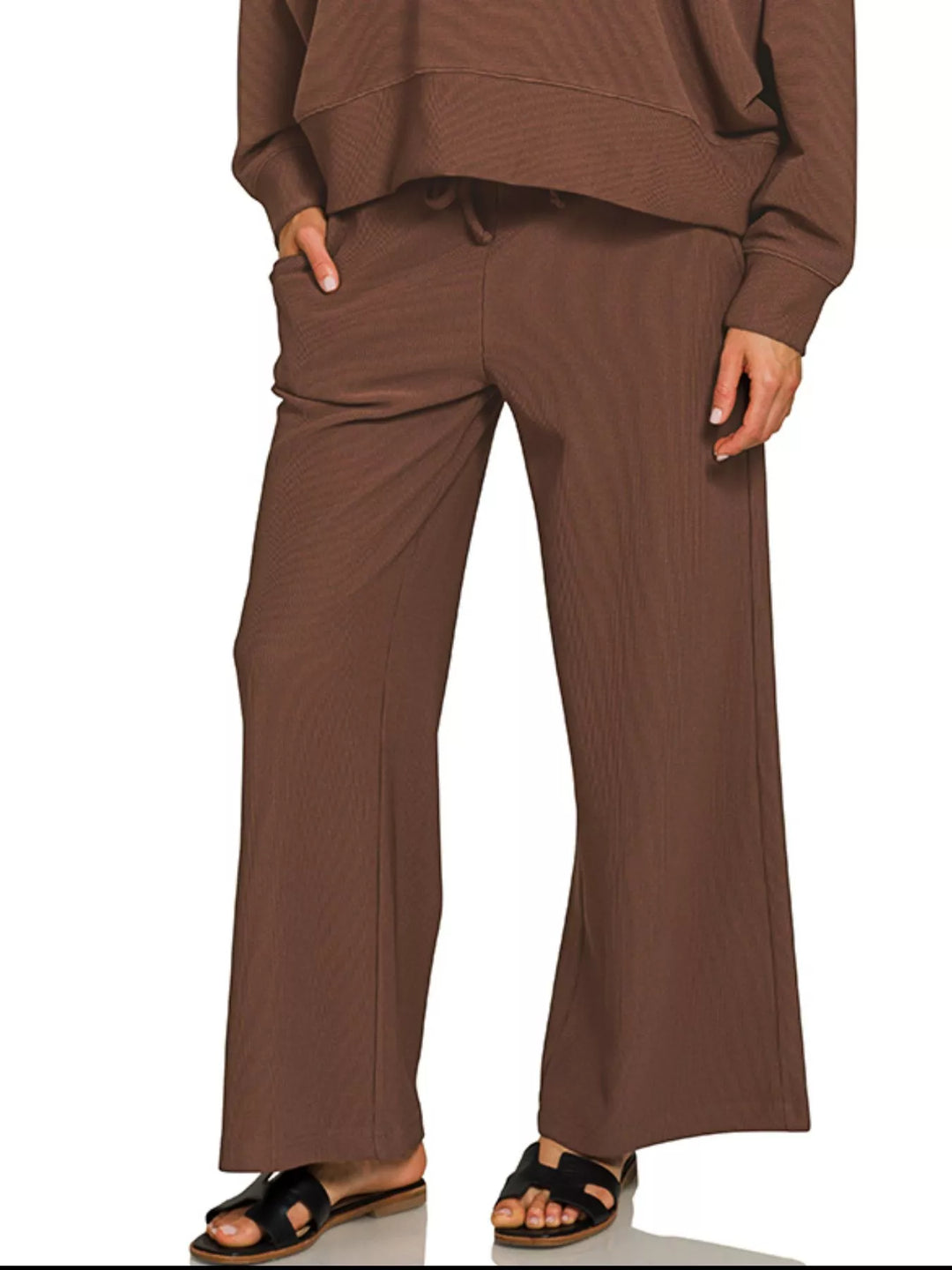 Brown Zenana Ribbed Round Neck Pullover And Drawstring Pants Set 1