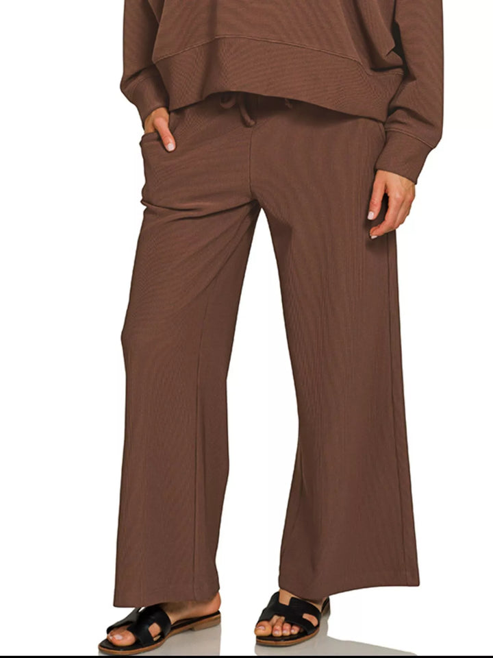 Brown Zenana Ribbed Round Neck Pullover And Drawstring Pants Set 1