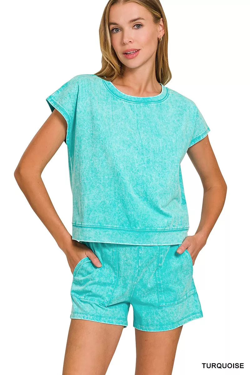 Turquoise Zenana Premium Cotton Washed Sleeveless Top Shorts Set 2