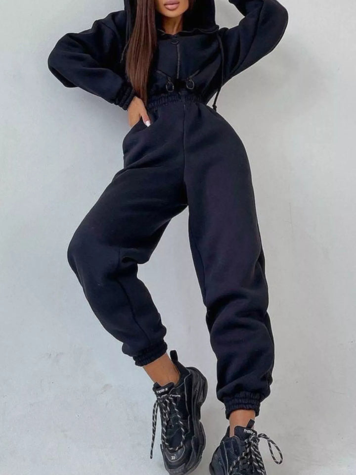 Black Hooded Zip Up Long Sleeve Jumpsuit