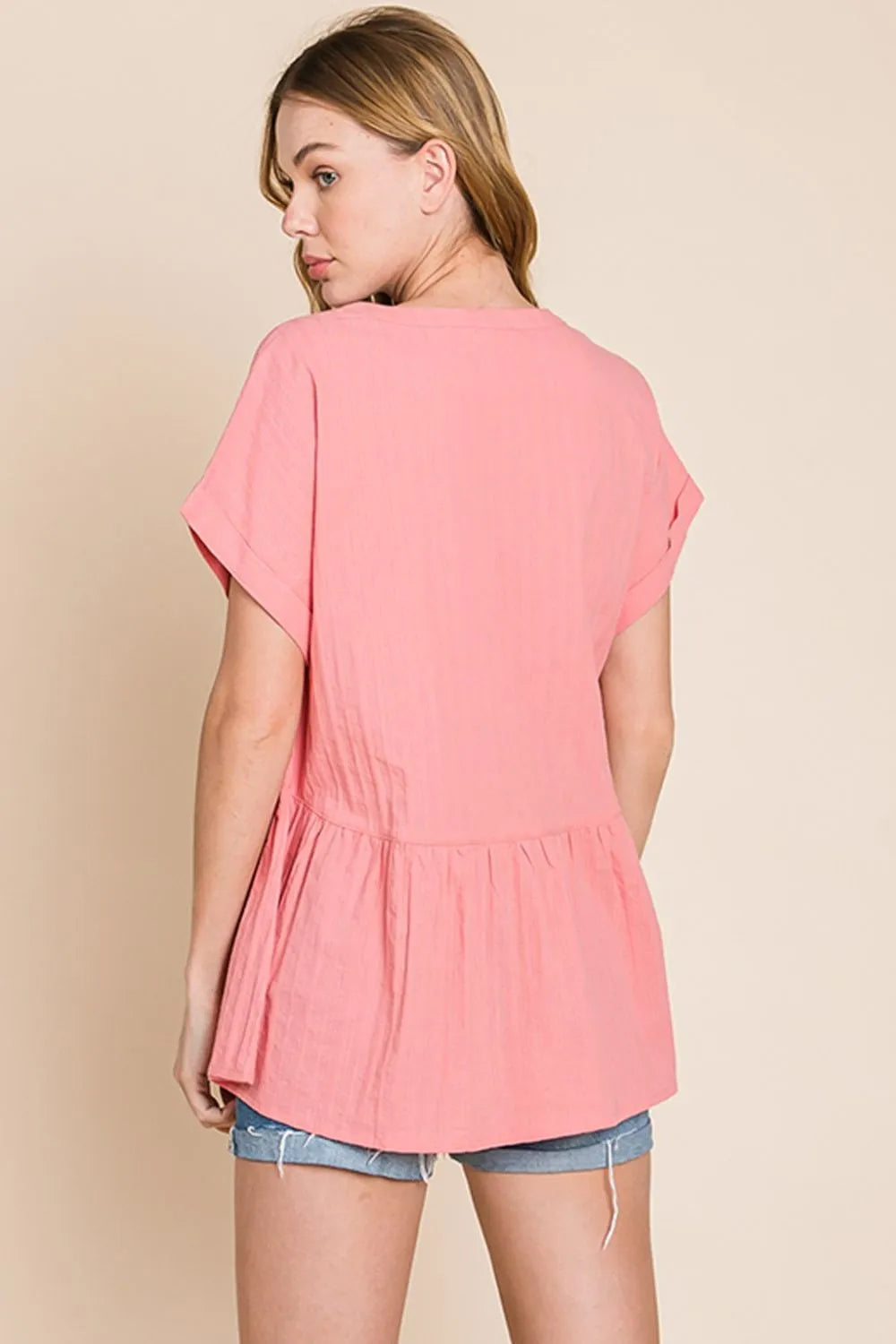 Coral Cotton Bleu By Nu Label Notched Short Sleeve Peplum Top