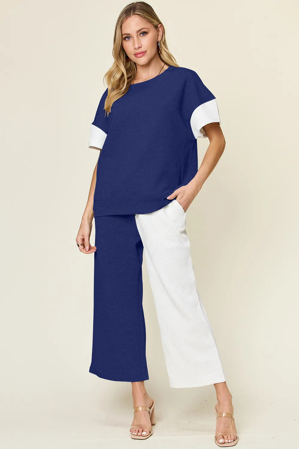White Double Take Full Size Texture Contrast T Shirt And Wide Leg Pants Set