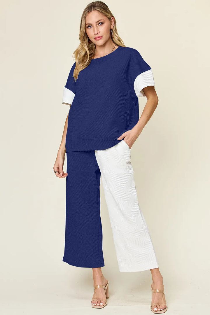 White Double Take Full Size Texture Contrast T Shirt And Wide Leg Pants Set