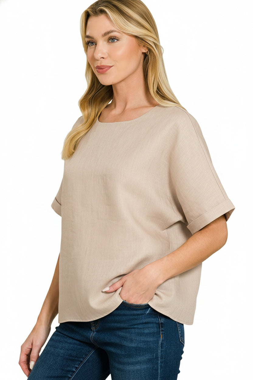 Ash Mocha Zenana Linen Round Neck Cuffed Sleeve Top 5
