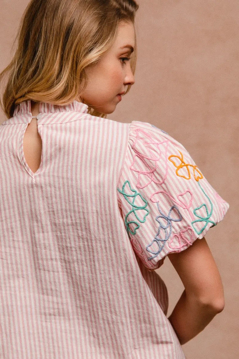 Bibi Embroidery Bubble Sleeve Top With Bottom Scallop Detail