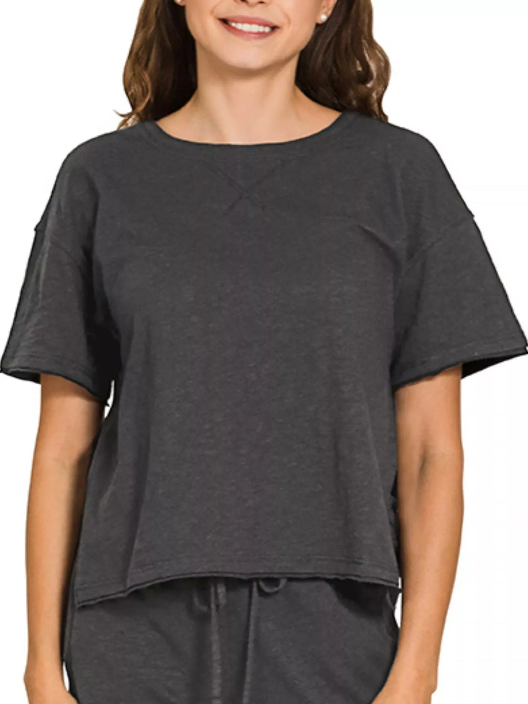 Black Zenana Cotton Slub Short Sleeve Tee And Pants Set 2