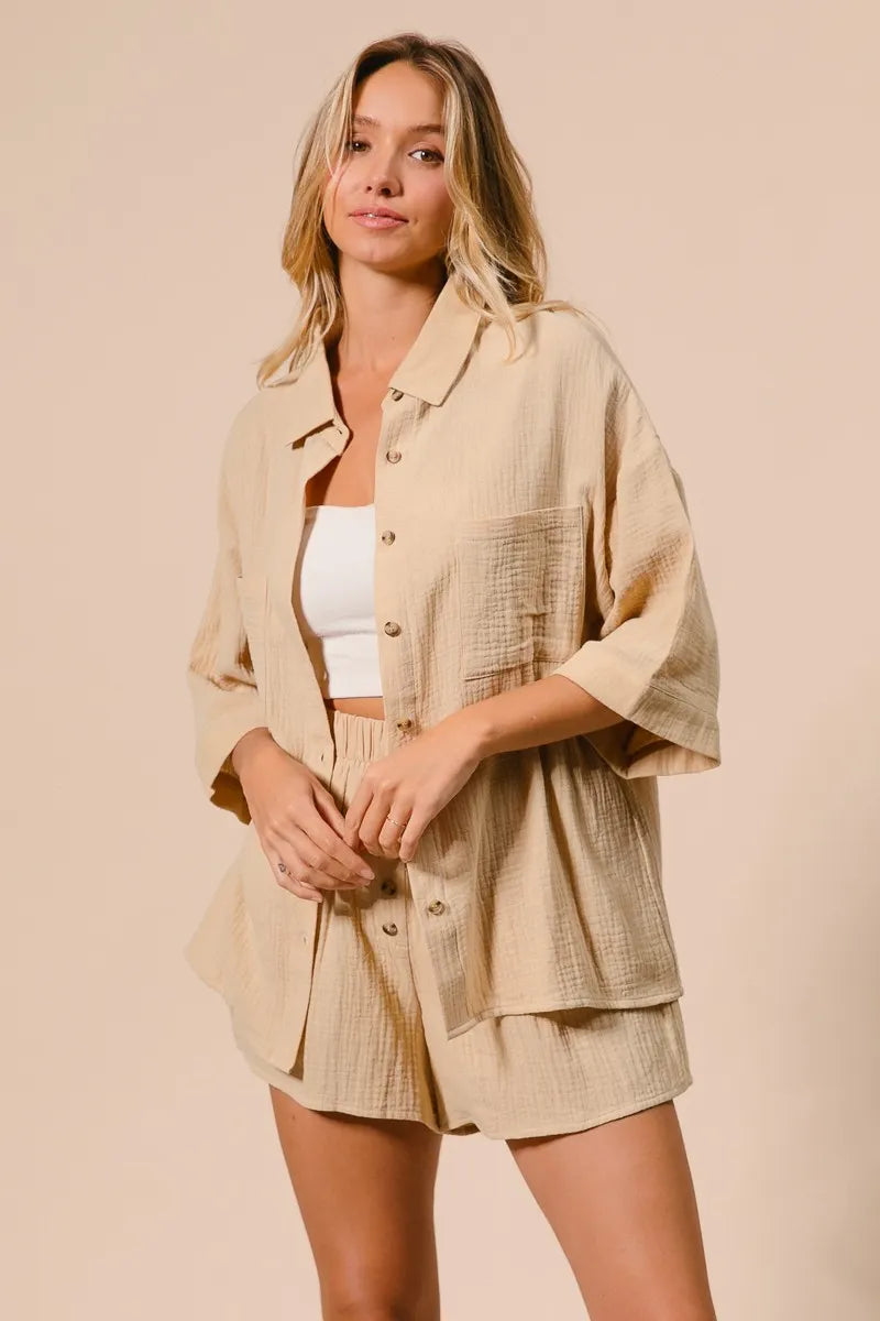 Oatmeal Bibi Crinkle Gauze Shirt And Short Set 2