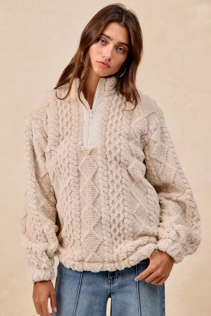 Eggshell Bibi Patterned Soft Fleece Half Zip Up Top