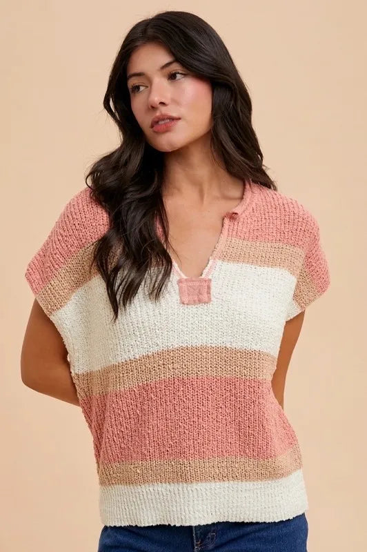 Peach/Ivory Annie Wear Low Gauge Color Block Textured Sweater Top