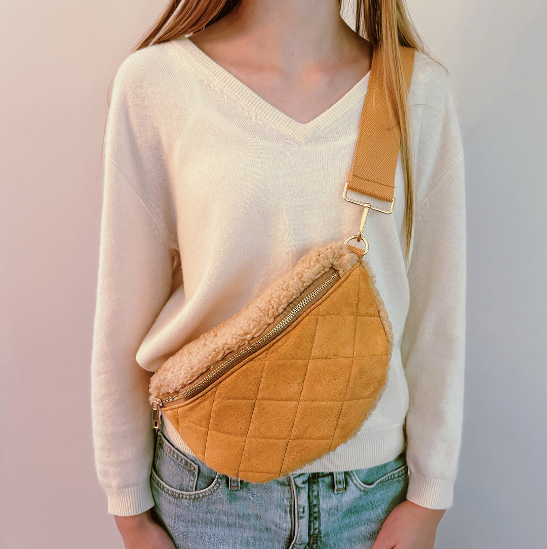 Camel Fuzzy And Quilted Luxe Sling Bag