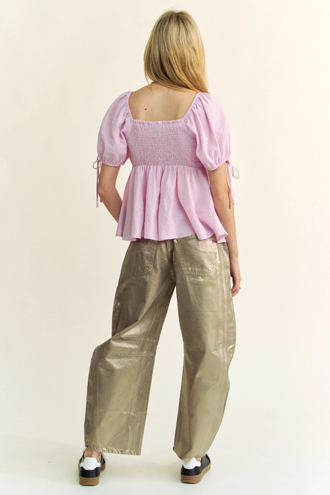 Davi Dani Solid Elastic Peplum Puffed Sleeves Blouse