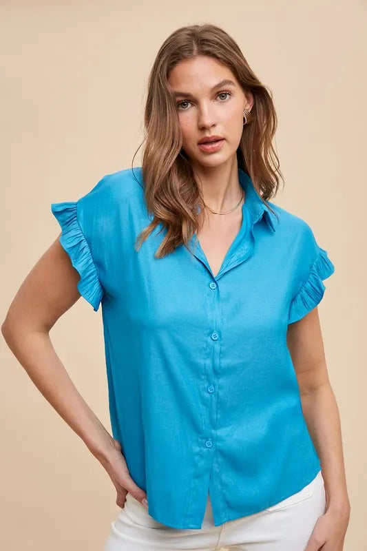 Bright Teal Annie Wear Relaxed Fit Ruffle Sleeve Woven Blouse Top
