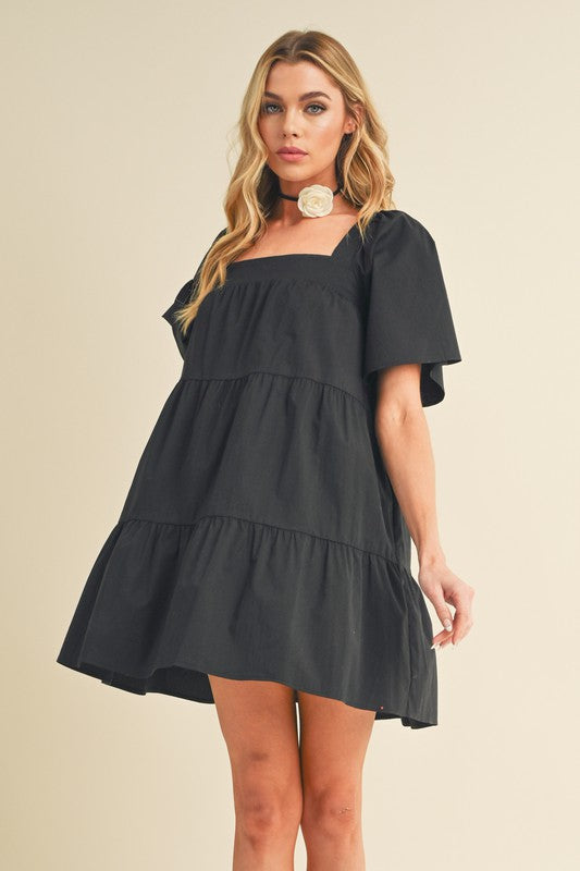 Black Aemi Co Square Neck Half Sleeve Tiered Dress