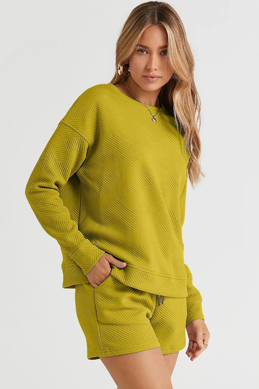 Chartreuse Double Take Full Size Texture Long Sleeve Top And Drawstring Shorts Set