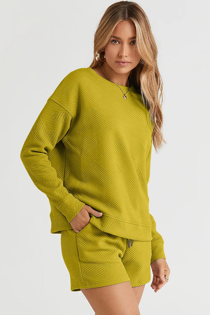 Chartreuse Double Take Full Size Texture Long Sleeve Top And Drawstring Shorts Set