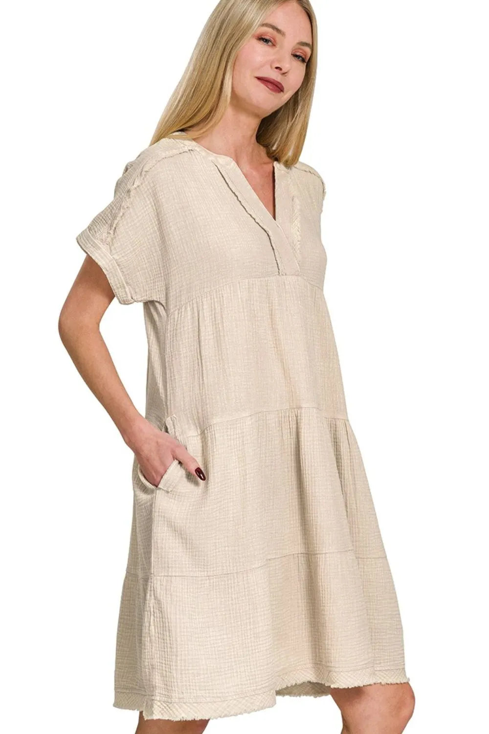 Sand Beige Zenana Washed Double Gauze Raw Edge V Neck Dress