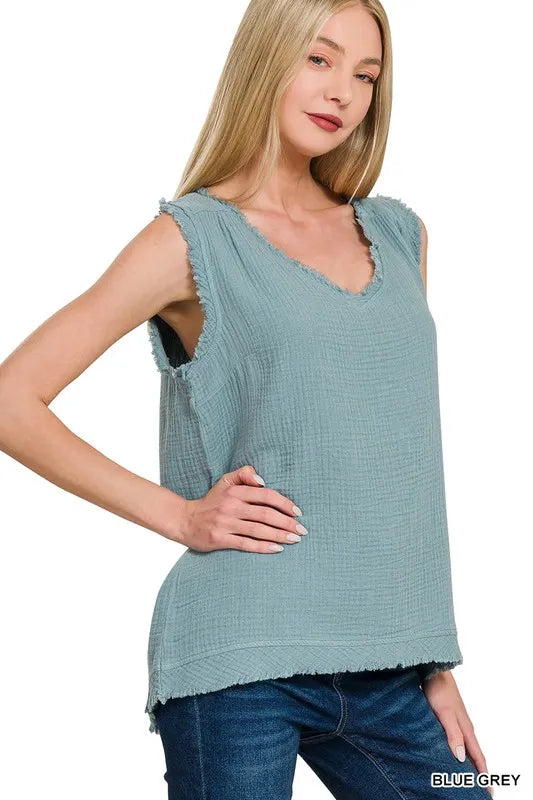 Blue Grey Zenana Double Gauze Raw Edge V Neck Tank 1