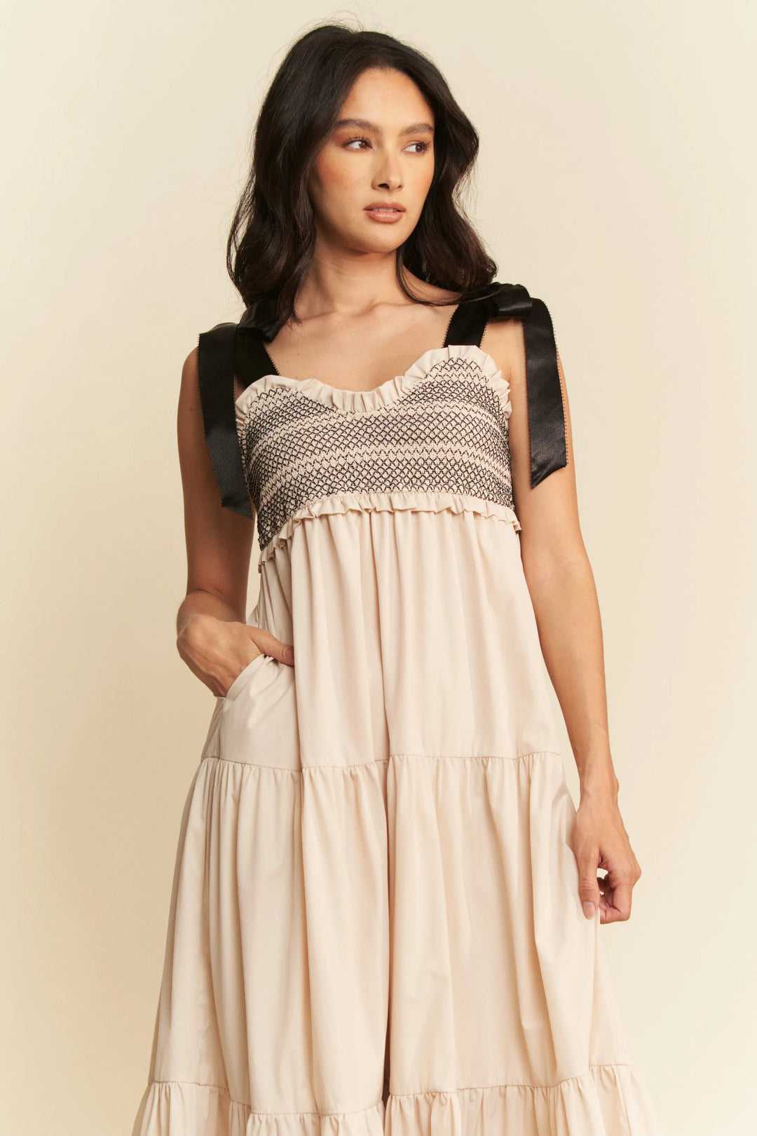 Davi Dani Multi Contrast Smocked Bodice Straps Maxi Dress