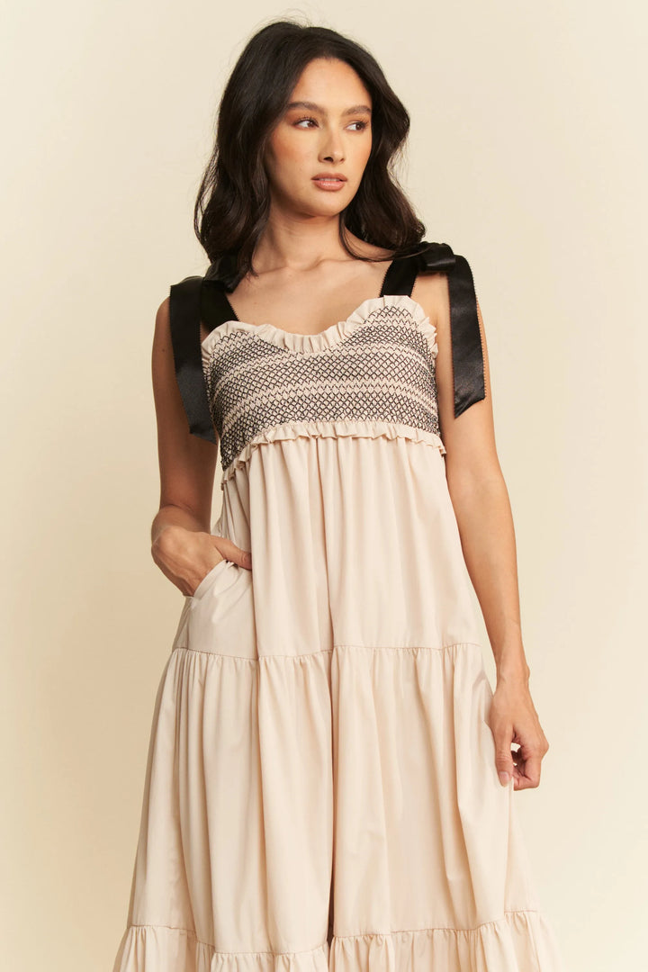 Davi Dani Multi Contrast Smocked Bodice Straps Maxi Dress