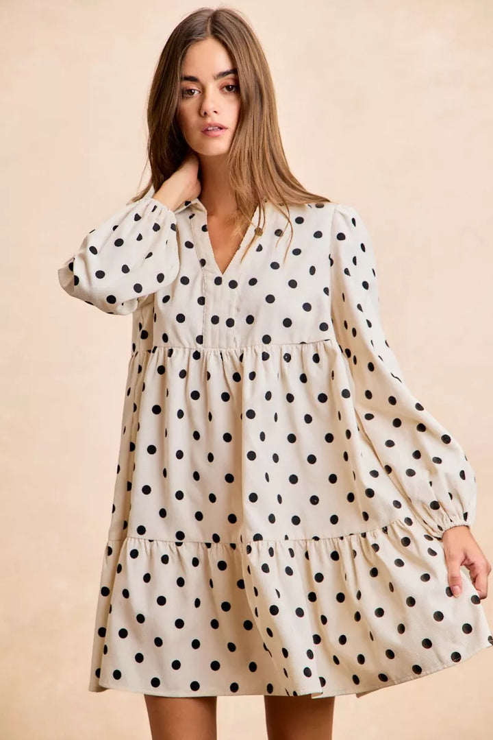 Bibi Polka Dot Corduroy Collared V Neck Dress