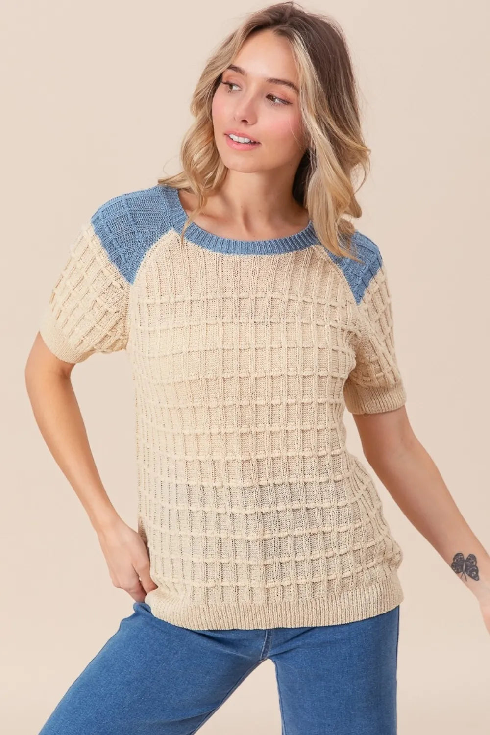Oatmeal/Denim Bibi Textured Contrast Short Sleeve Sweater