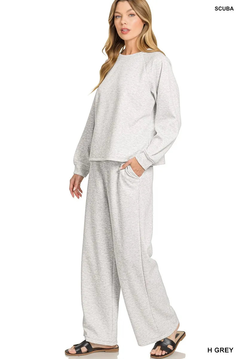 H Grey Zenana Scuba Crewneck Sweatshirt And Pants Set 1