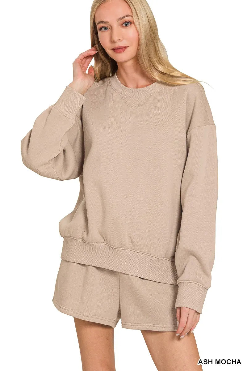 Ash Mocha Zenana Fleece Long Sleeve Sweatshirts Shorts Set