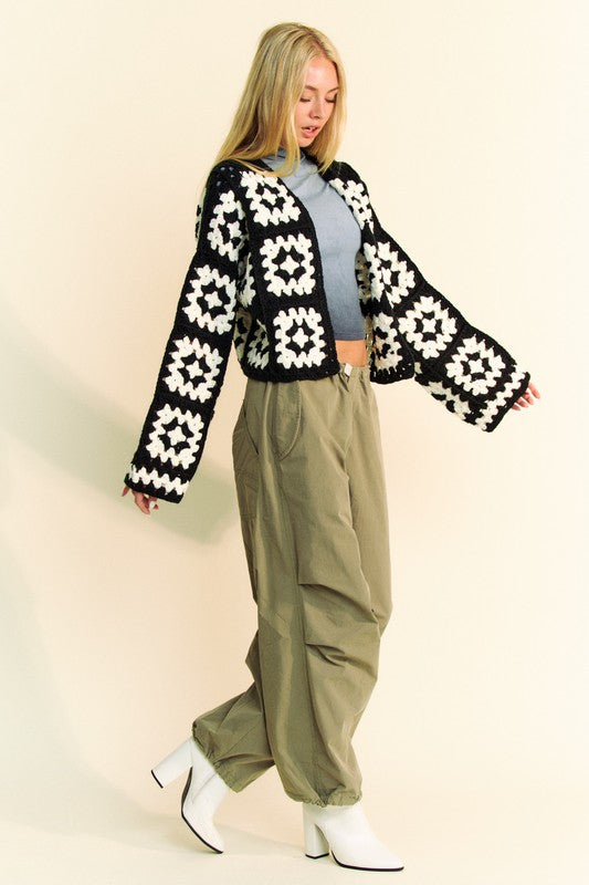 WHITE BLACK Davi Dani Full Size Two Tone Flower Square Crochet Open Front Cardigan