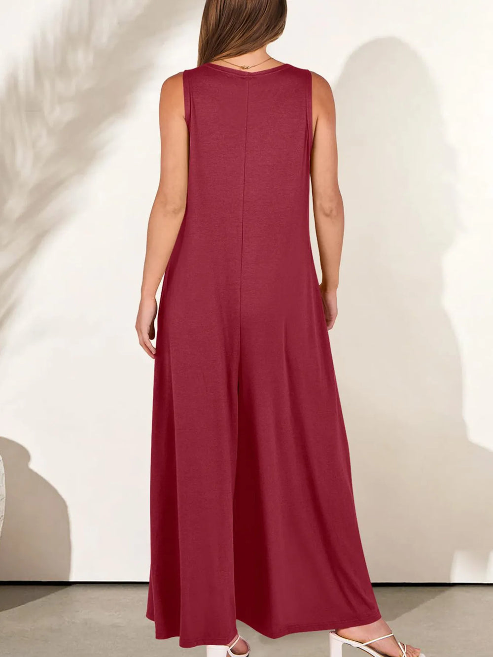 Wine Red Sleeveless V Neck Jumpsuit With Pockets
