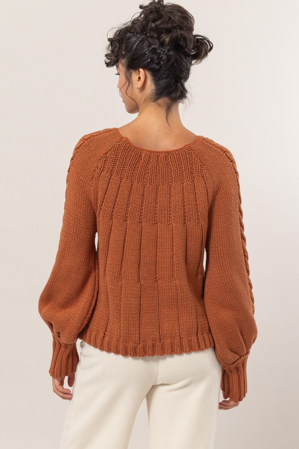 Rust Hyfve Cable Knit Round Neck Raglan Sleeve Sweater