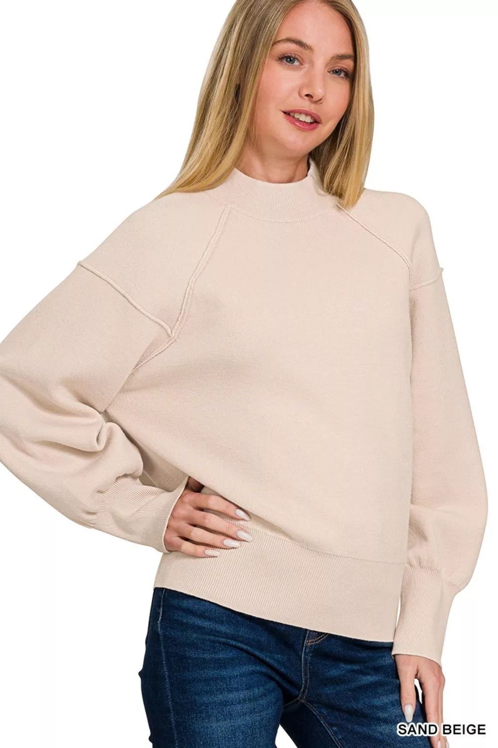Sand Beige Zenana Viscose Mock Neck Exposed Seam Sweater 3