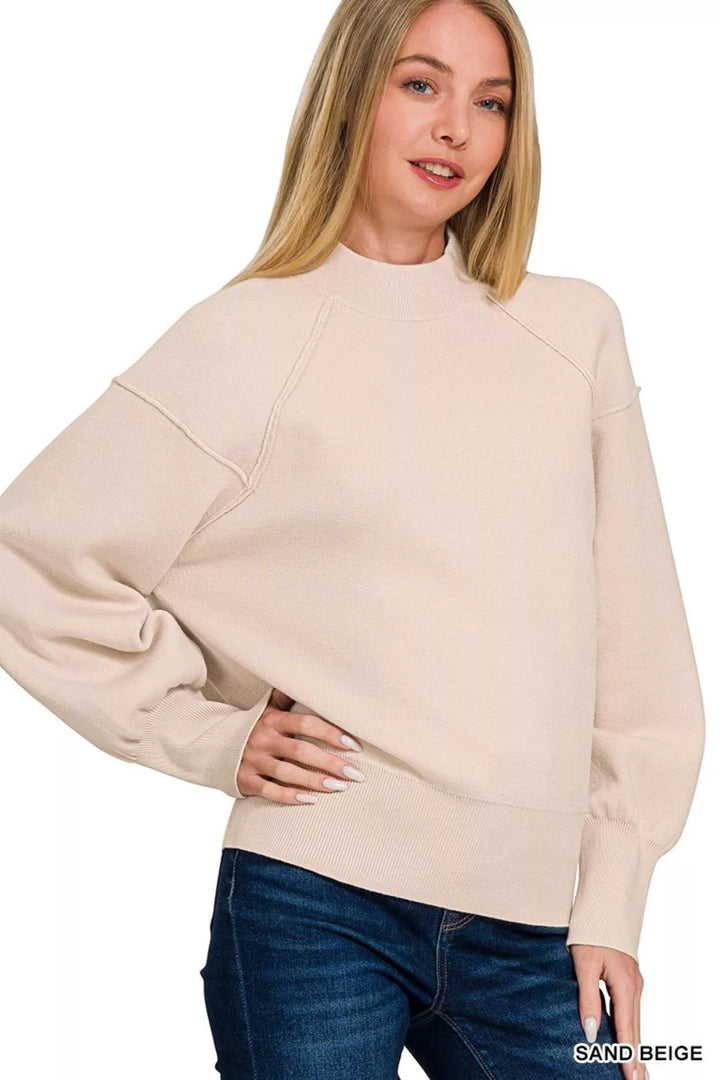 Sand Beige Zenana Viscose Mock Neck Exposed Seam Sweater 3