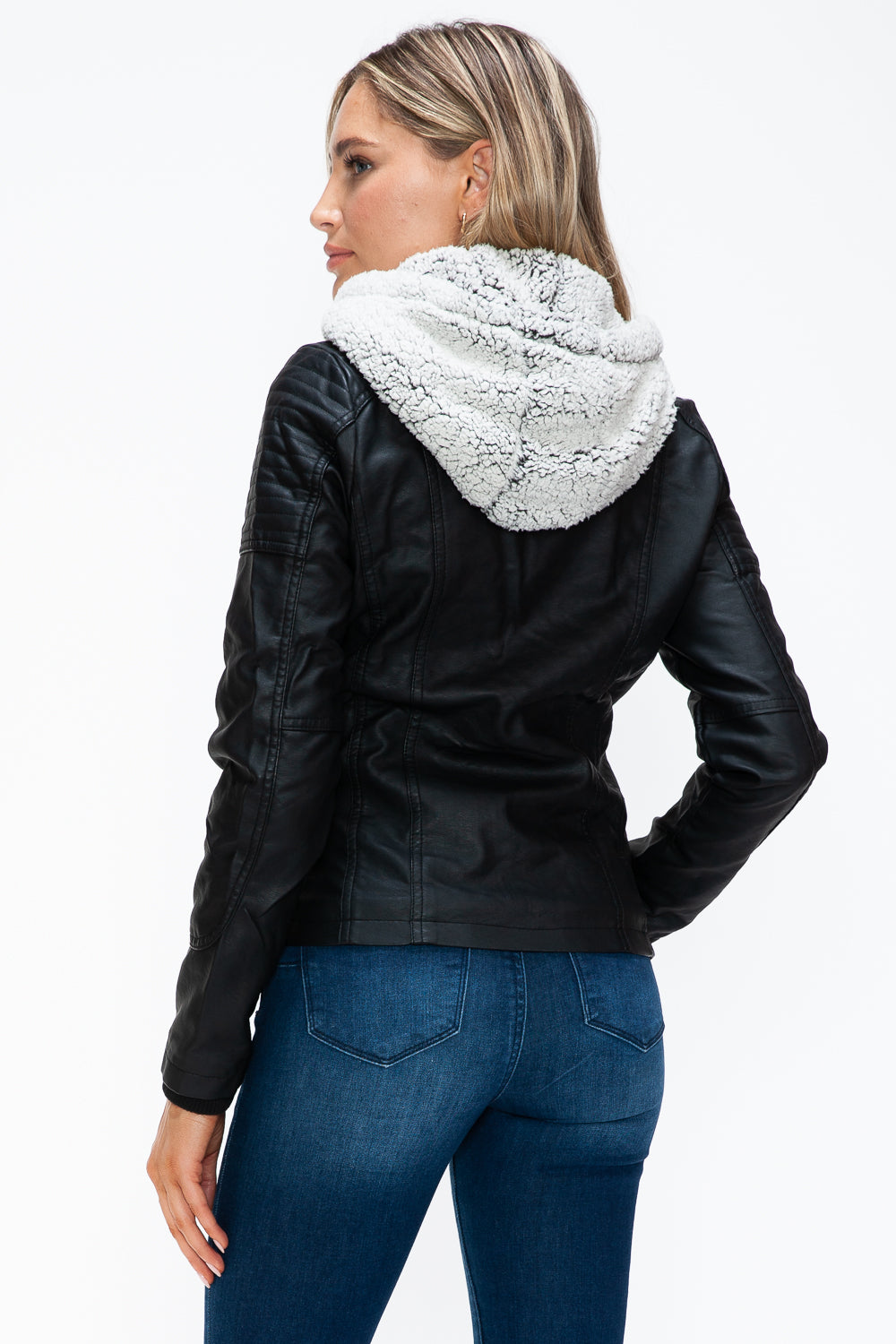Black Ymi Removable Faux Layered Multi Pocket Jacket With Fuzzy Hood