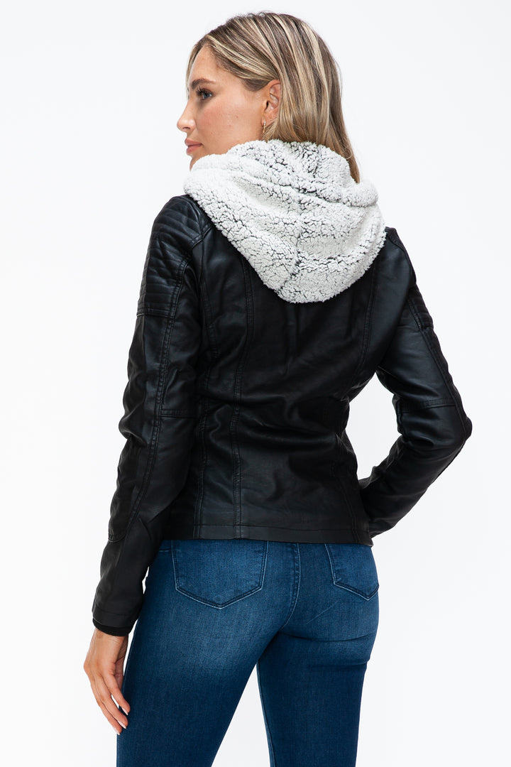 Black Ymi Removable Faux Layered Multi Pocket Jacket With Fuzzy Hood