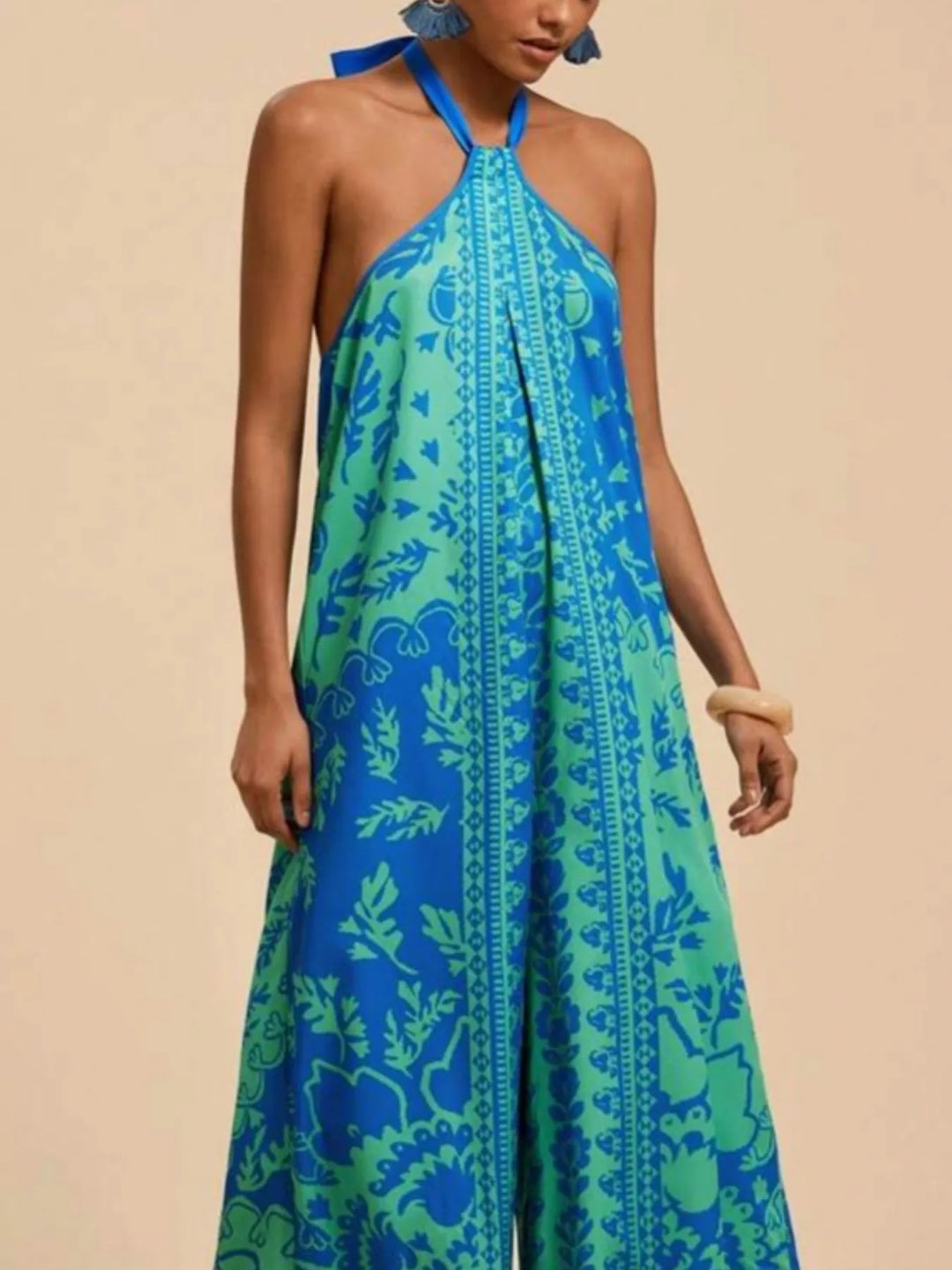 Sky Blue Printed Halter Wide Leg Jumpsuit