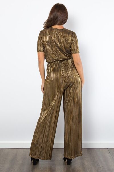 Gold Be Stage Surplice Short Sleeve Pleated Foil Jumpsuit