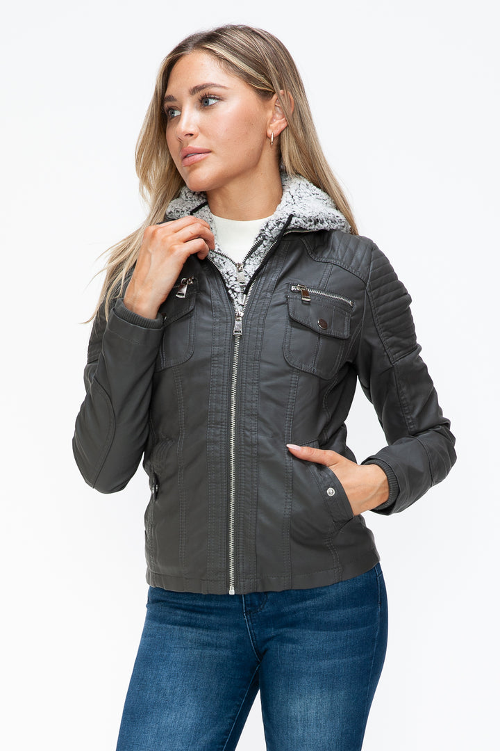 Ymi Removable Faux Layered Multi Pocket Jacket With Fuzzy Hood 1