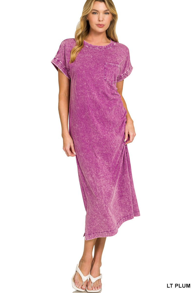 Lt Plum Zenana Washed Exposed Seam Short Sleeve T Shirt Dress 1
