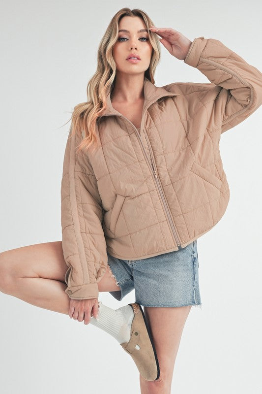 Oatmeal Aemi Co Quilted Zip Up Puffer Jacket 1