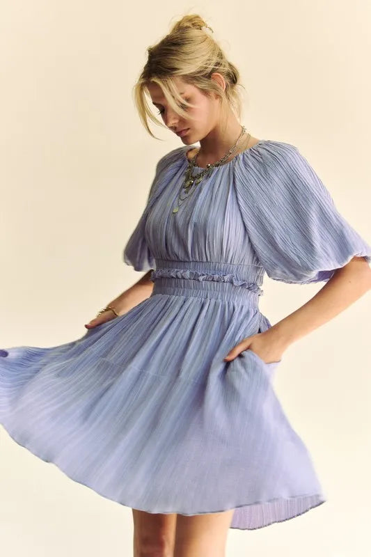 Davi Dani Back Button Puff Sleeve Mini Dress