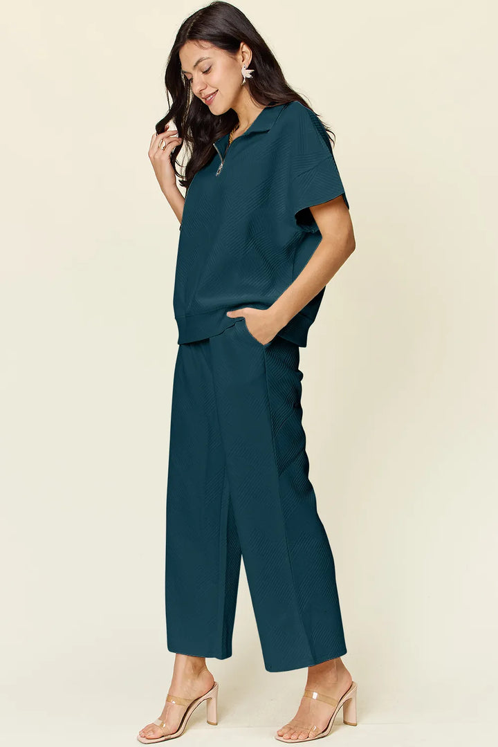 Light Blue Double Take Full Size Texture Half Zip Short Sleeve Top And Pants Set 1