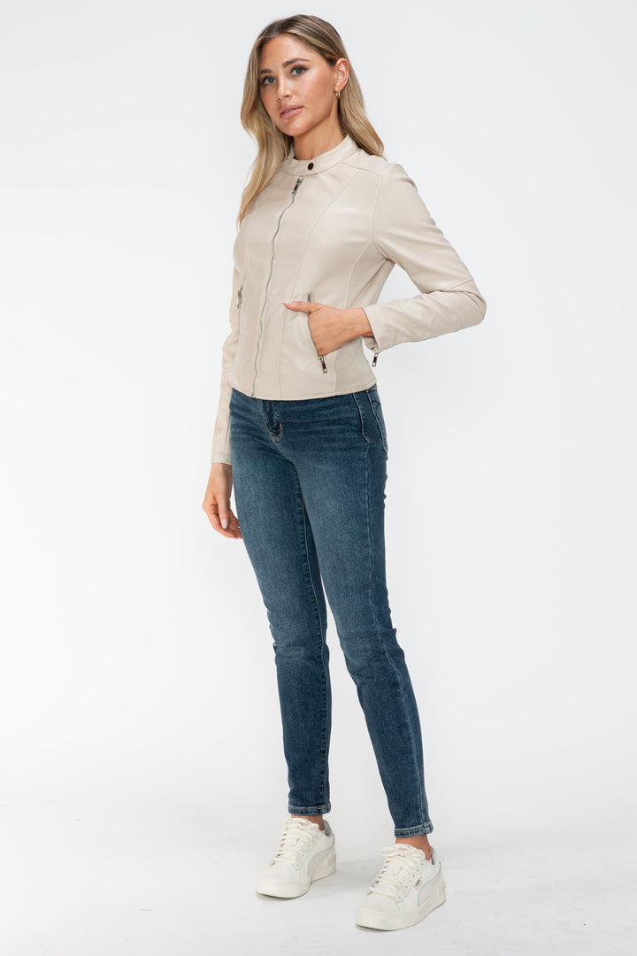 Snobbish Pu Leather Zip Up Jacket With Pockets